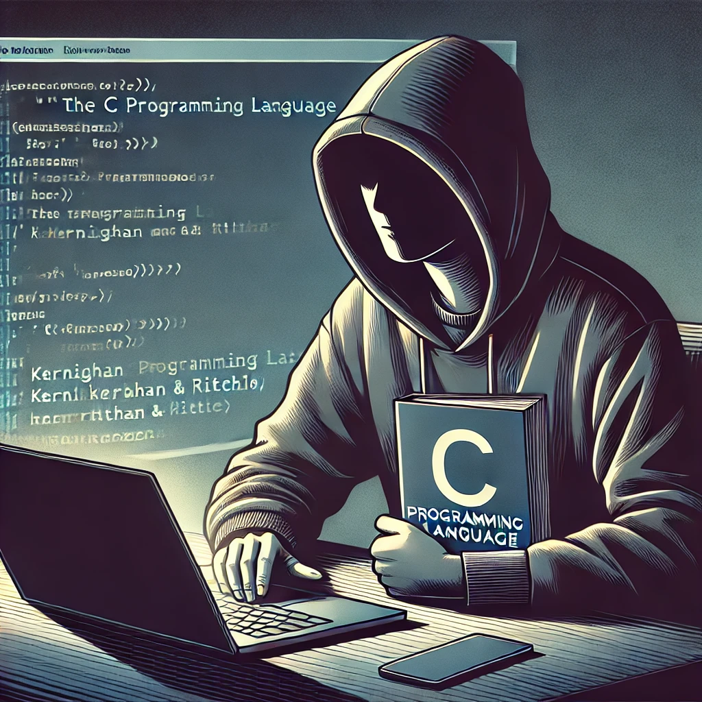 Programmer writing code on his laptop and holding K&R C programming book